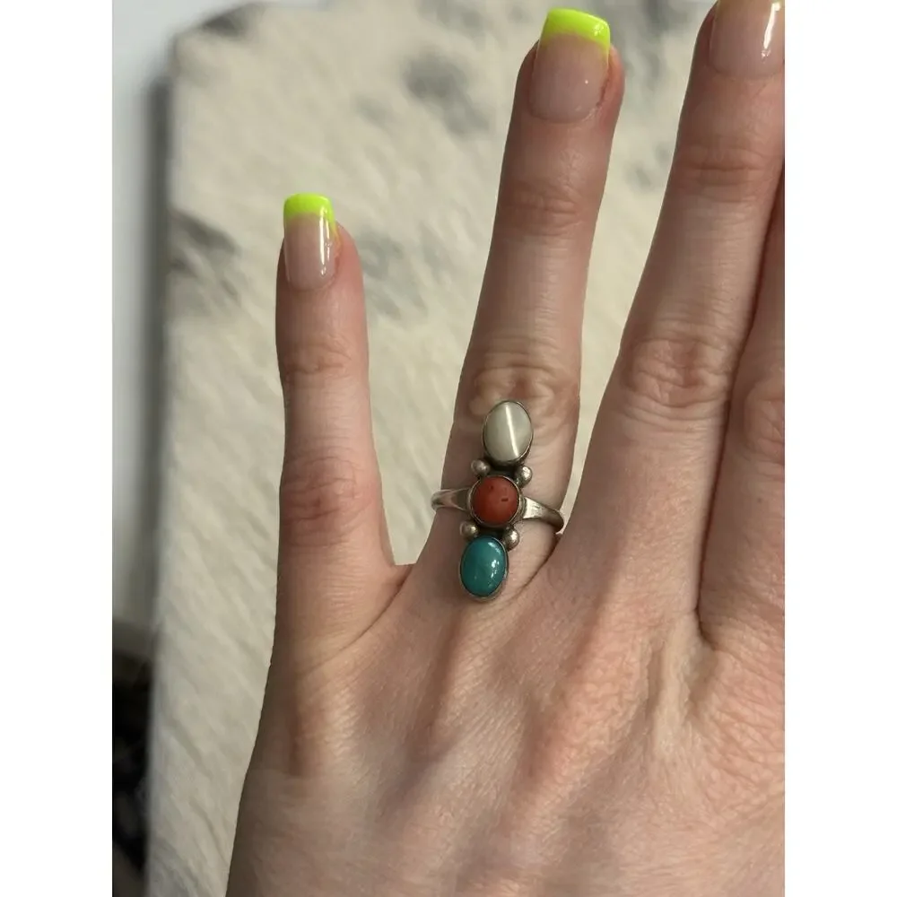 Native Sterling Silver Mother Pearl Red Coral Blue Turquoise Ring M. Chee 6.5
